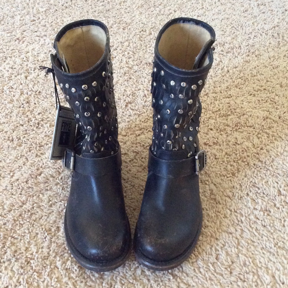 Frye Black Leather Ankle Boots with Silver Accents